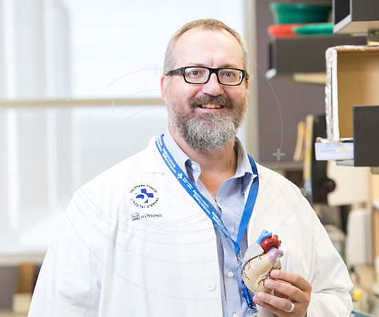Senior scientist Dr. Lynn Megeney holds a heart model in his lab.