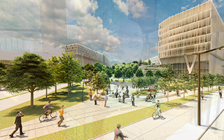 Rendering of the urban plaza on the Carling side of the New Campus Development site.
