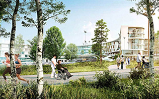 Le concept architectural montre des personnes sur un sentier et un hôpital en arrière-plan.
