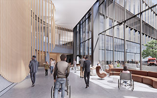 Rendu d’architecture d’une chambre de patient au nouveau campus de L’Hôpital d’Ottawa 