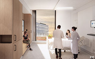 An architectural rendering of the main entrance at The Ottawa Hospital’s new campus. 