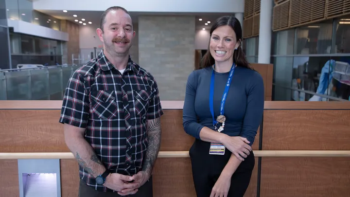 Patient Jay Abramovitch (left) and Advanced Practice Nurse Sarah Cleyn (right).