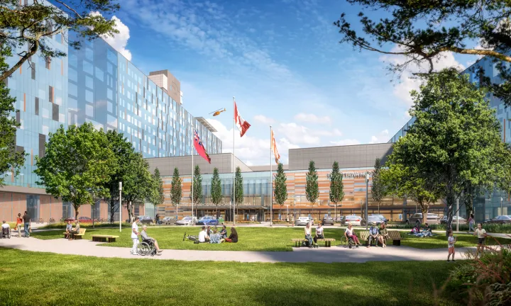 An artist rendering of The Ottawa Hospital's new campus, showing the outdoor space in front of the new hospital on a summer day. A ground-level perspective shows grass, trees and a walking path in the foreground.