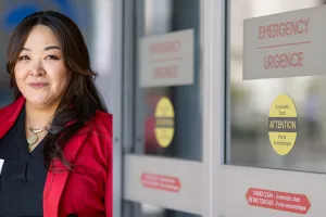 Left image: Inuit Patient Navigator Joy Akavak. Right image: Doors to the Civic Campus Emergency Department.