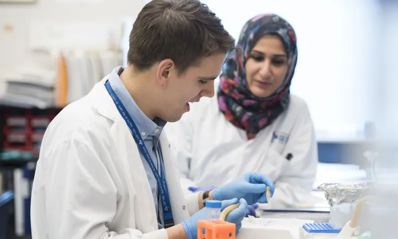 Dans un laboratoire, deux personnes portant un sarrau blanc et des gants travaillent côte à côte derrière une table couverte d’éprouvettes et de récipients.
