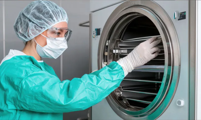 A healthcare worker operates a sterilization machine in a hospital.