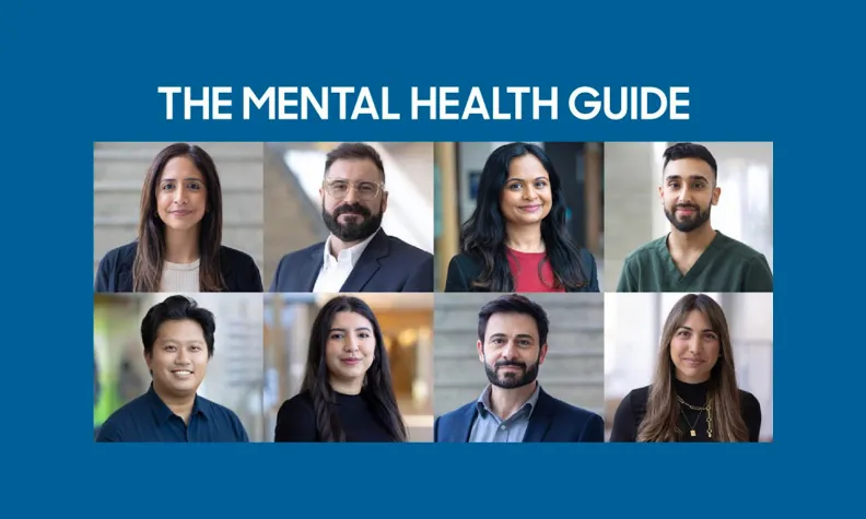 A collage of eight diverse professionals, smiling in individual portraits under the title “The Mental Health Guide” on a blue background.