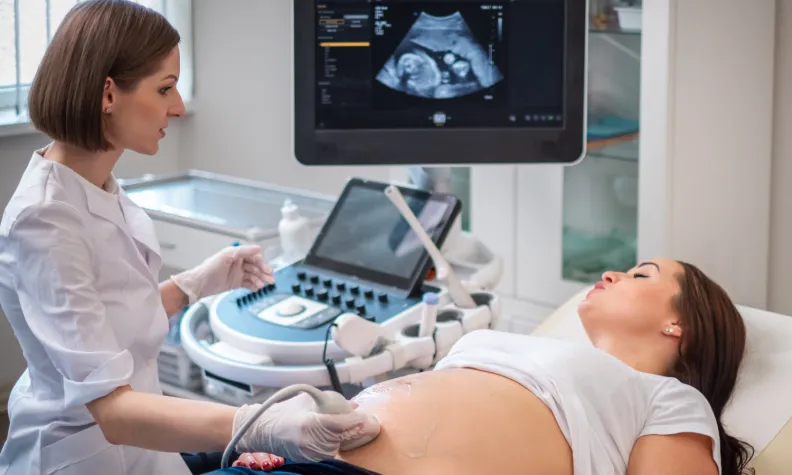A pregnant person lies on an exam table while a healthcare professional performs an ultrasound; the monitor displays an image of the fetus.