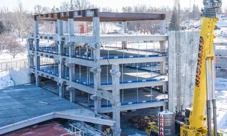 Construction of the west side of the parking garage, January 2025.