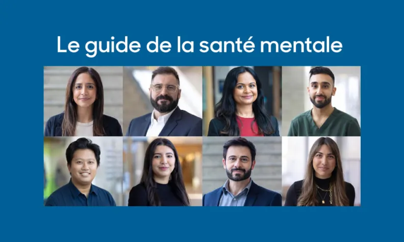 Un collage de portraits individuels de huit professionnels issus de divers horizons. Les professionnels sourient et leurs photos apparaissent sous le titre « The Mental Health Guide » sur fond bleu.