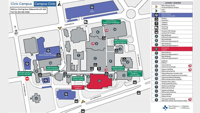 Map of the Civic Campus showing the locations of buildings, parking areas, entrances, the emergency department, the Heart Institute, and access routes.