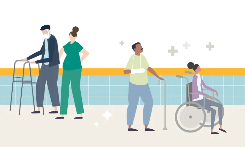 Illustration of hospital patients staying active by walking and using mobility aids, supporting the message that movement is an important part of recovery.   Alt text 3; Illustration of a patient leaving the hospital with a mobility aid and returning to the community, supporting recovery outside the hospital when it is safe to do so.