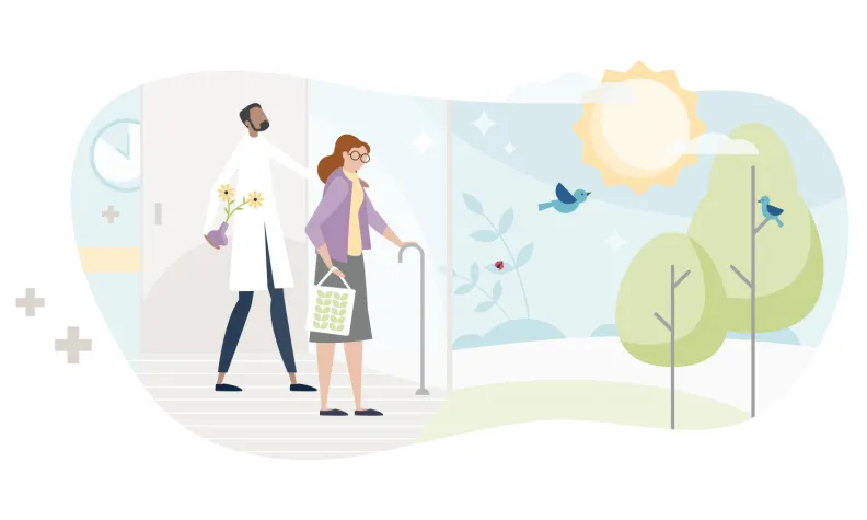 Illustration of a patient leaving the hospital with a mobility aid and returning to the community, supporting recovery outside the hospital when it is safe to do so.
