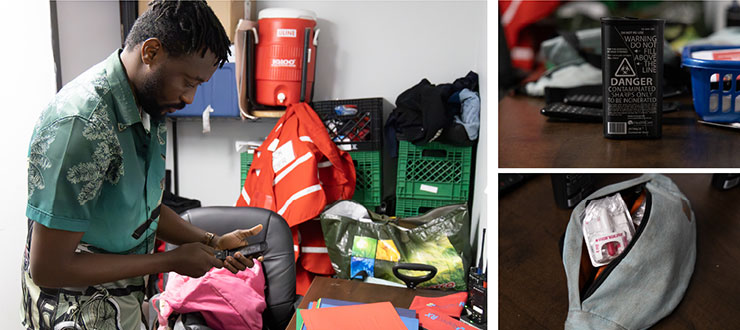 Le chef d’équipe Kehinde prépare des sacs à dos contenant des fournitures pour les Block Leaders.
