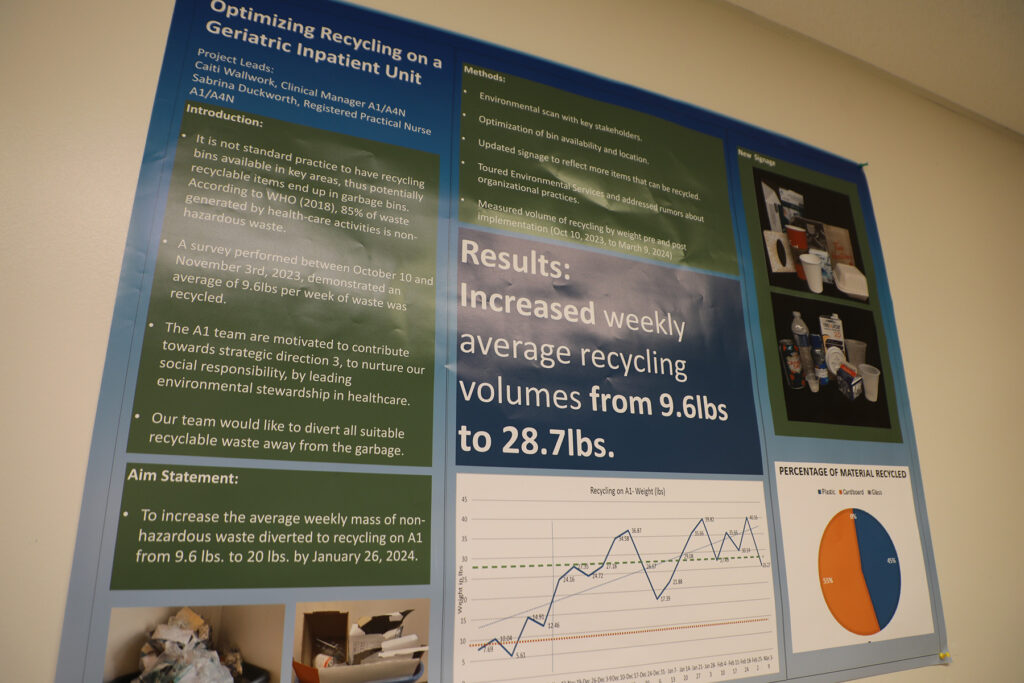 Hanging in the unit’s kitchenette above the recycling station, this poster shows off the project’s success and includes pictures of what items can be recycled.