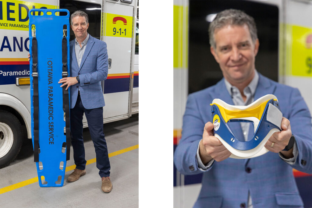 Left image: Dr. Christian Vaillancourt holds up a backboard. Right image: Dr. Vaillancourt holds up a cervical collar.