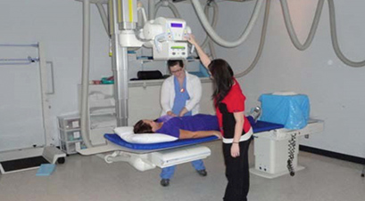 Two hospital staffs performing an X-Ray on a patient