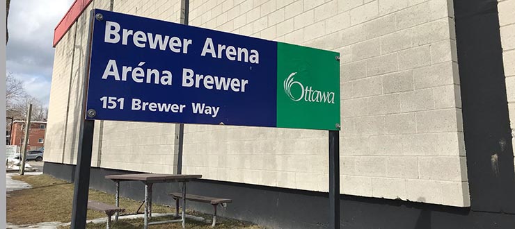 The Brewer Arena sign outside of the building.