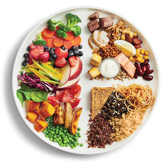 Le Guide alimentaire canadien : Mangez des légumes et des fruits en abondance; consommez des aliments protéinés; choisissez des aliments à grains entiers; faites de l’eau votre boisson de choix.