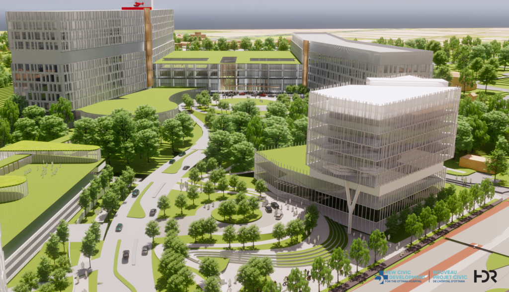 New Civic Development -- View of Main Entrance and Research Tower from Carling