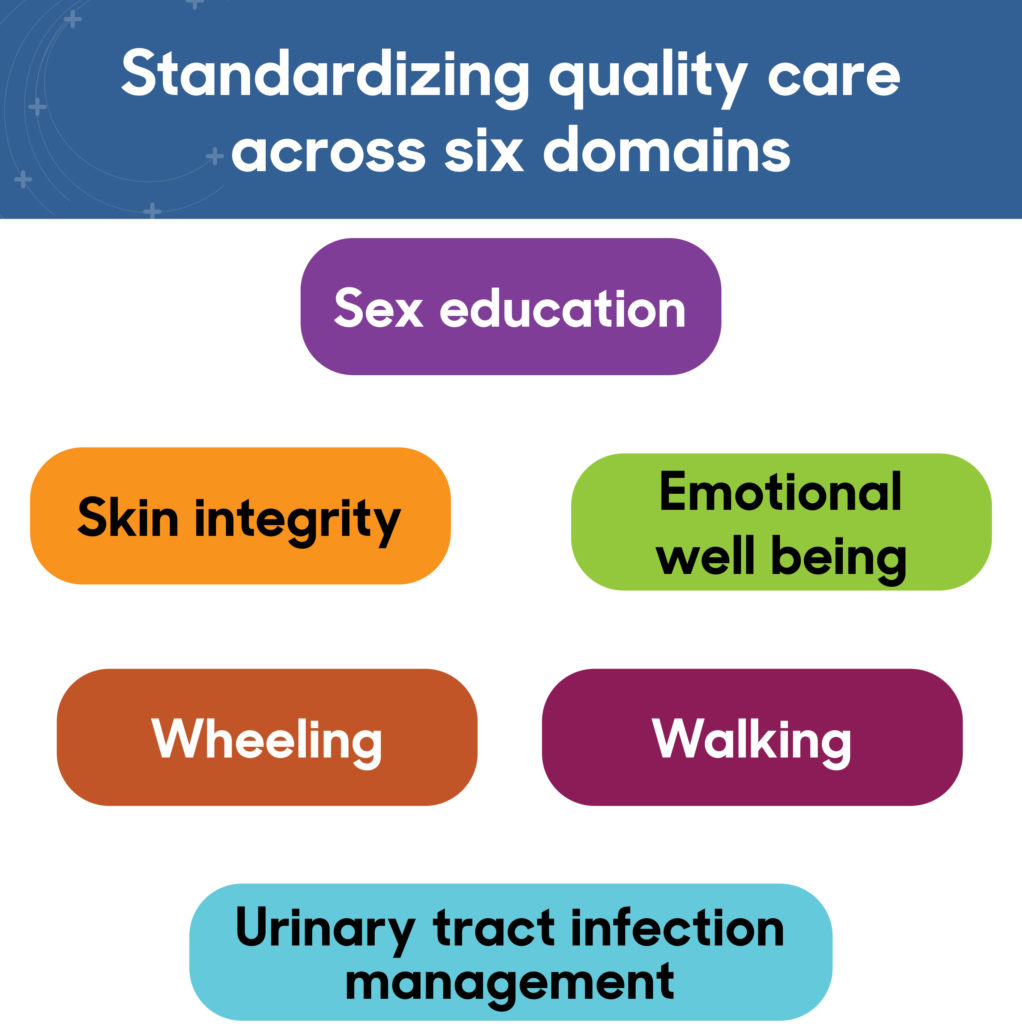 Standardizing quality care across six domains: Sex education, emotional well being, skin integrity, urinary tract infection management, walking, wheeling.