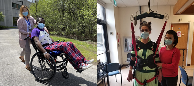 patient performs a wheelie in a wheelchair supported by physiotherapist Melanie White (left). Lodi Sculthrope stands in a harness being supported by Andrea Chase (right).
