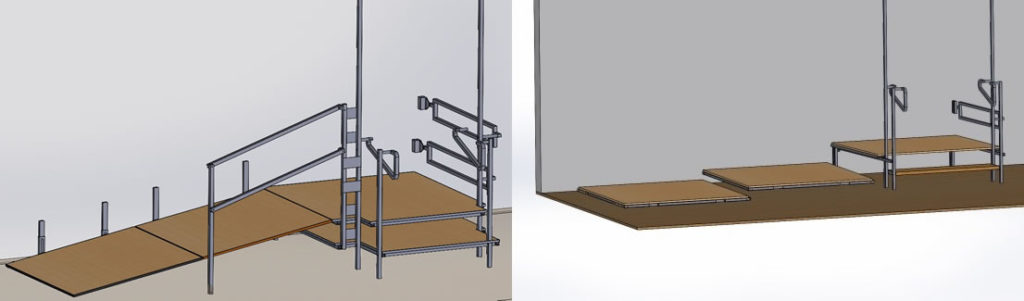 Drawings of a customized ramp in different positions used by patients with spinal cord injuries.