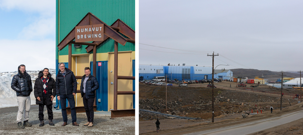 Le Dr Tim Asmis avec un groupe de trois autres participants à la conférence et une image de la ville d'Iqaluit.