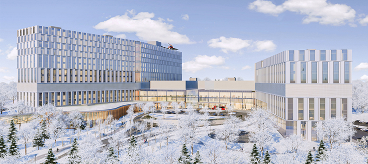 An artist rendering of the exterior of the new hospital on a winter day, showing snow-covered trees in the foreground. A helicopter is on the helipad on the roof of the building.