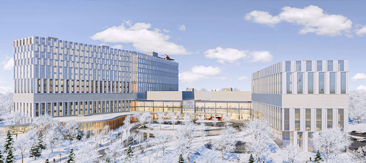 An artist rendering of the exterior of the new hospital on a winter day, showing snow-covered trees in the foreground. A helicopter is on the helipad on the roof of the building.