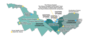 A map of Eastern Ontario displaying the locations of the 16 Atlas Alliance partner organizations. New partners are marked with a blue pin; existing partners are marked with a yellow pin.