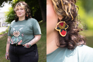 Two side-by-side photos of Kaytlyn Nadjiwon. The first photo is a portrait of Kaytlyn standing outside the General Campus beside a tree. The second photo is a close-up shot of one of her handmade beaded strawberry-pattern earrings.
