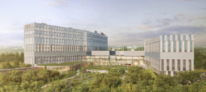 An artist rendering of the exterior of The Ottawa Hospital’s new campus during the day, showing the exterior main entrance of the hospital and trees in the foreground. A helicopter is on the helipad on the roof of the building.