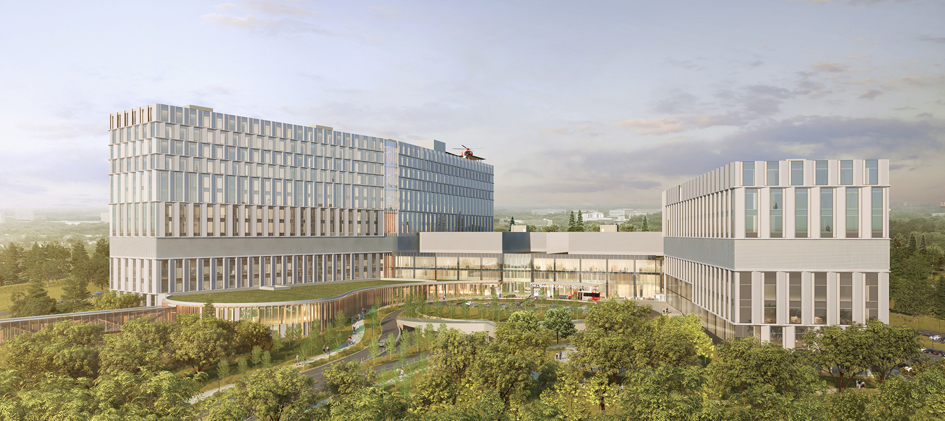 An artist rendering of the exterior of The Ottawa Hospital’s new campus during the day, showing the exterior main entrance of the hospital and trees in the foreground. A helicopter is on the helipad on the roof of the building.