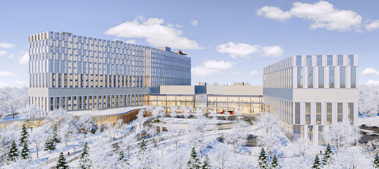 Concept artistique de l’extérieur du nouvel hôpital un jour d’hiver, avec des arbres recouverts de neige en avant-plan. Un hélicoptère se trouve sur l’héliplateforme située sur le toit de l’édifice.