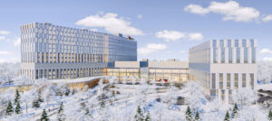 An artist rendering of the exterior of the new hospital on a winter day, showing snow-covered trees in the foreground. A helicopter is on the helipad on the roof of the building. 