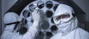 People working in a biotherapeutics manufacturing cleanroom