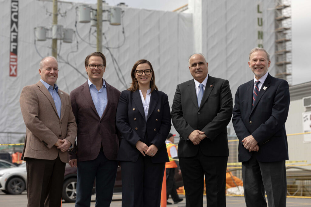 From left to right: Cameron Love, President and CEO of The Ottawa Hospital, James Schlegel, President and CEO of Schlegel Villages, Natalia Kusendova-Bashta, Minister of Long-Term Care, George Darouze, MPP for Carleton, and Claude Brulé, President and CEO of Algonquin College.