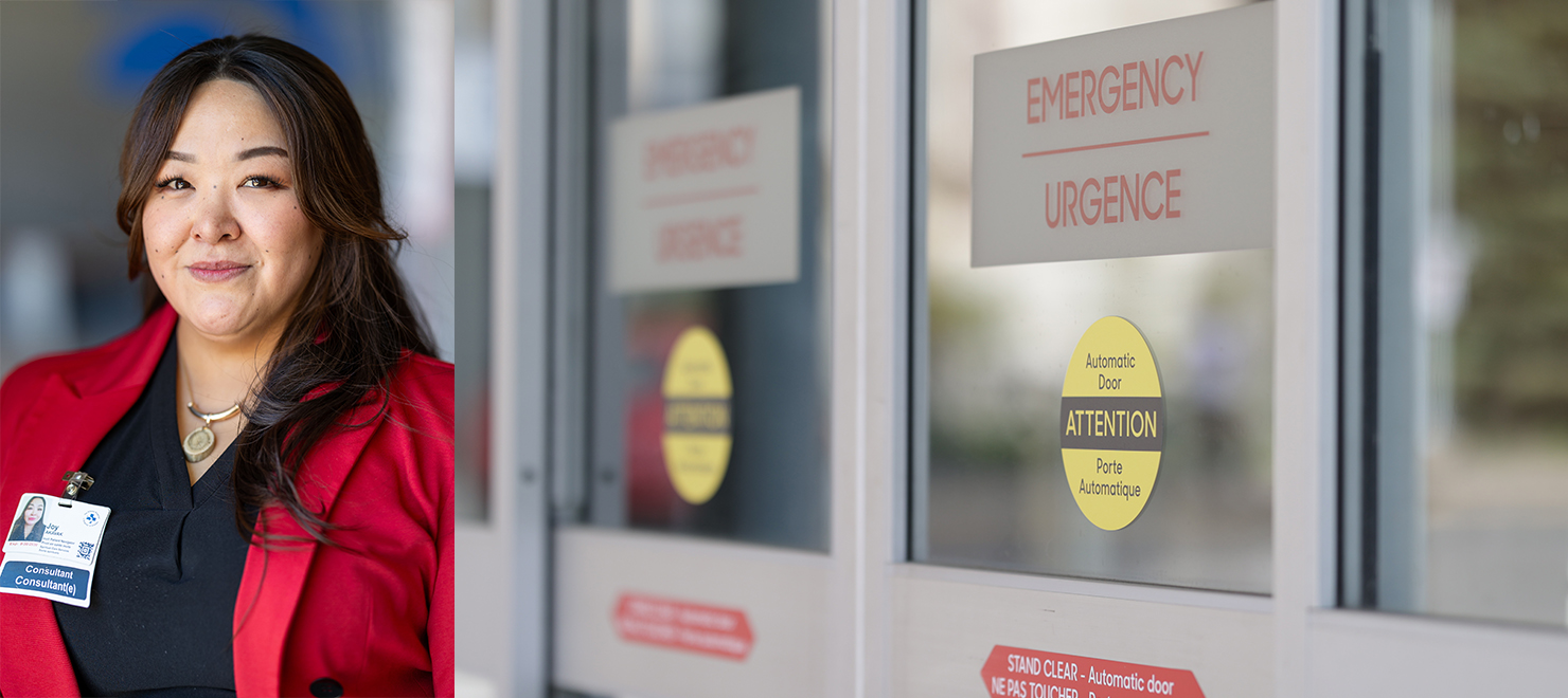 Image de gauche : Joy Akavak, intervenante pivot en santé inuite. Image de droite : Portes menant à l’Urgence du Campus Civic.Campus Emergency Department.